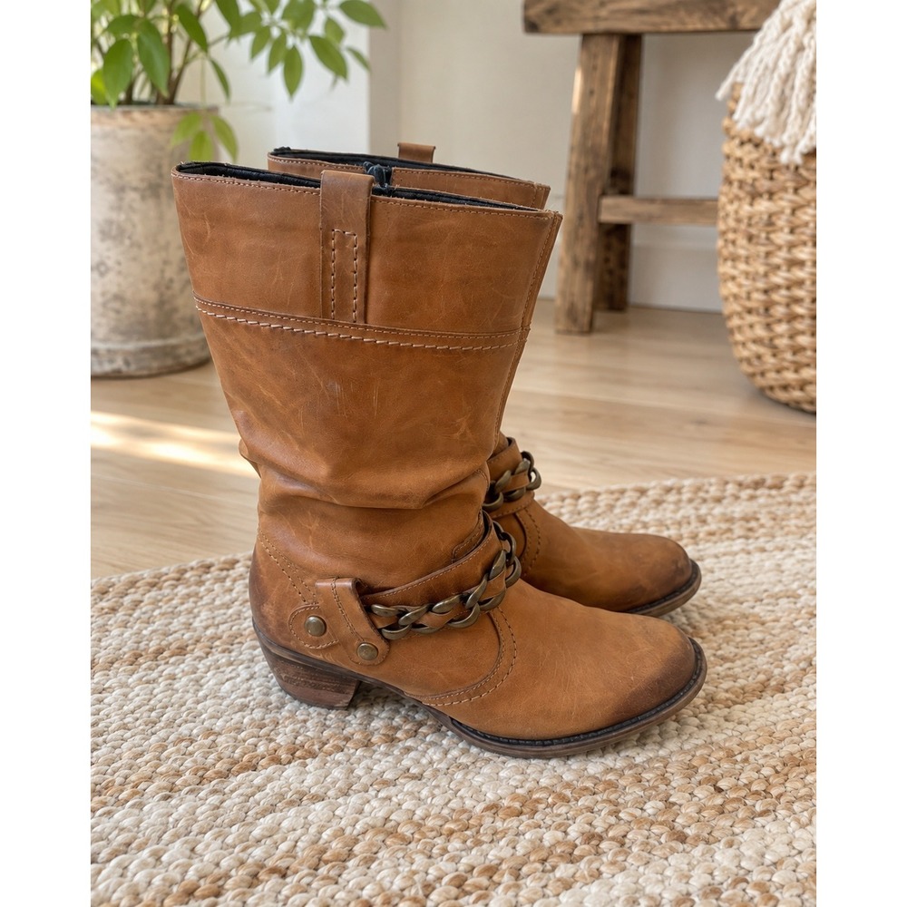 Remonte Dorndorf Brown Tan Slouchy Leather Chain Accent Mid Calf Boots 8 Boho